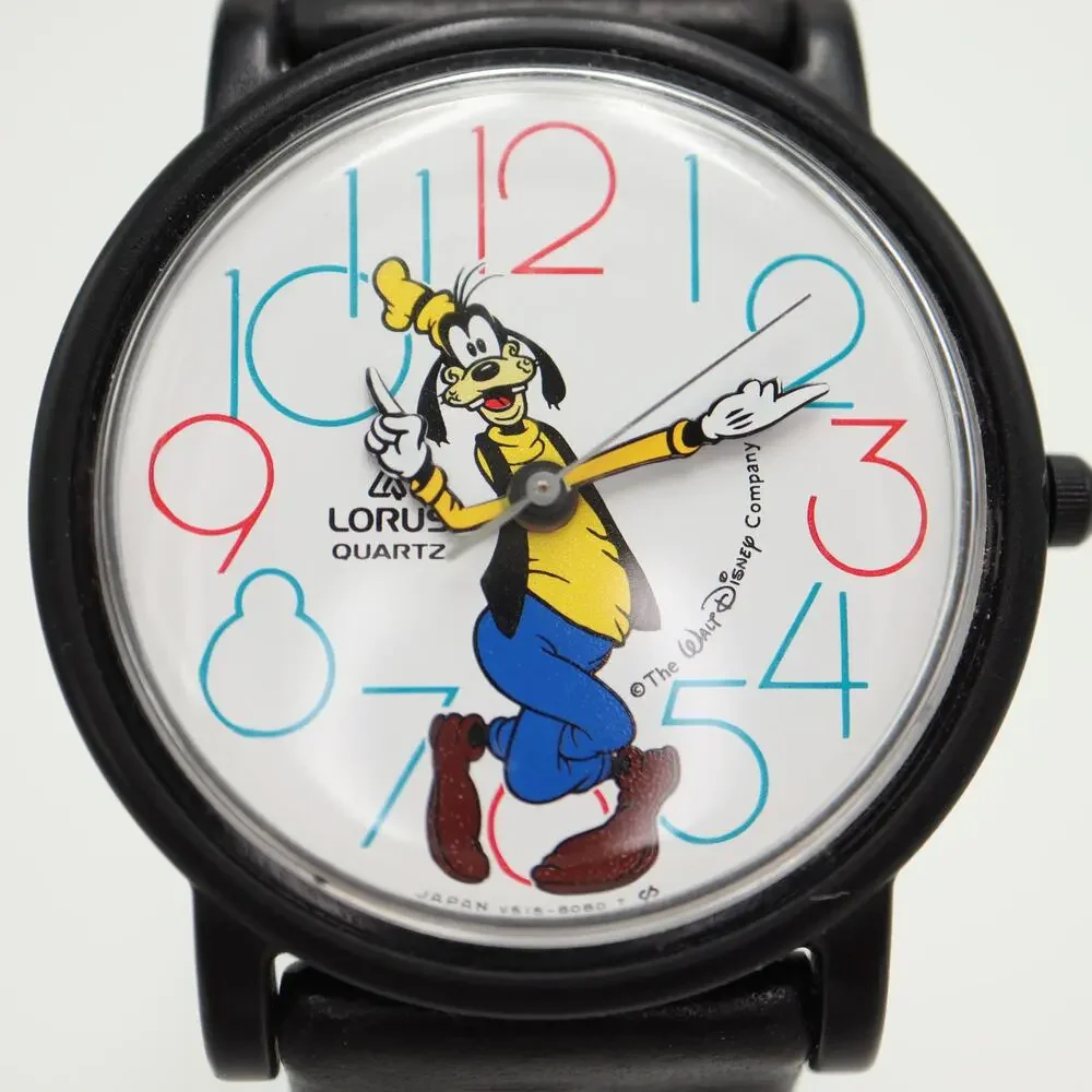 Vintage Lorus Seiko Disney Goofy 35mm Watch Black Leather V515-8030 New Battery